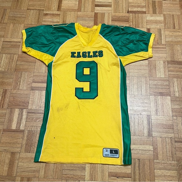 Vintage High School Football Jersey Men’s Large Eagles #9 Yellow Green Game-Worn - Picture 1 of 11